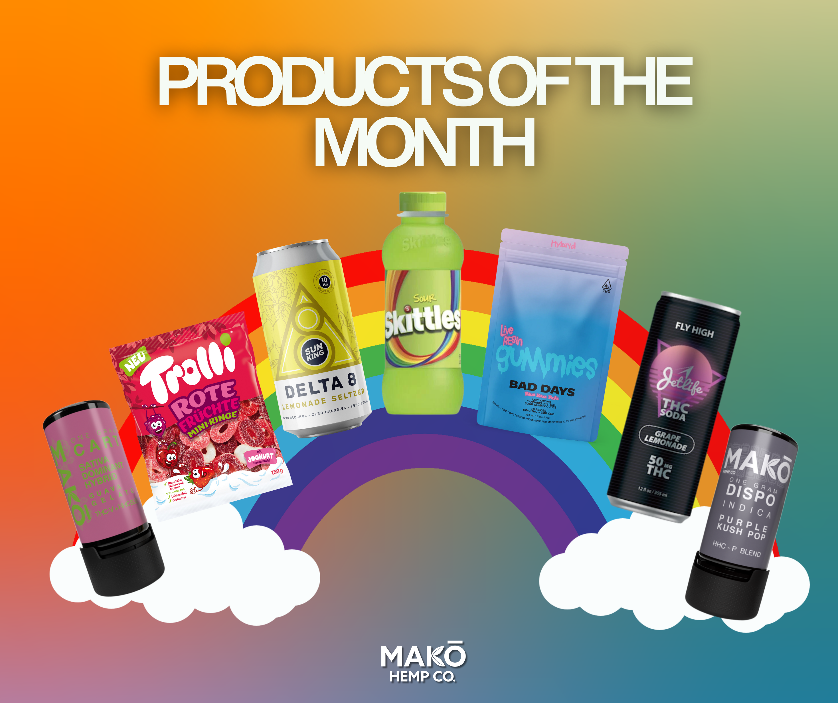 Colorful banner showcasing Mako Hemp Co.'s Products of the Month for June. Featured products include Mako Cart - Guava Gelato, Trolli Rote Fruchtchen Minis, Sun King Delta 8 Lemonade Seltzer, Sour Skittles drink, Bad Days Live Resin Gummies, Crescent Canna JetLife THC Soda - Grape Lemonade, and Mako Disposable Vape and Cart - Purple Kush Pop and Guava Gelato. The products are displayed against a vibrant background with a rainbow and clouds, with the Mako Hemp Co. logo at the bottom.