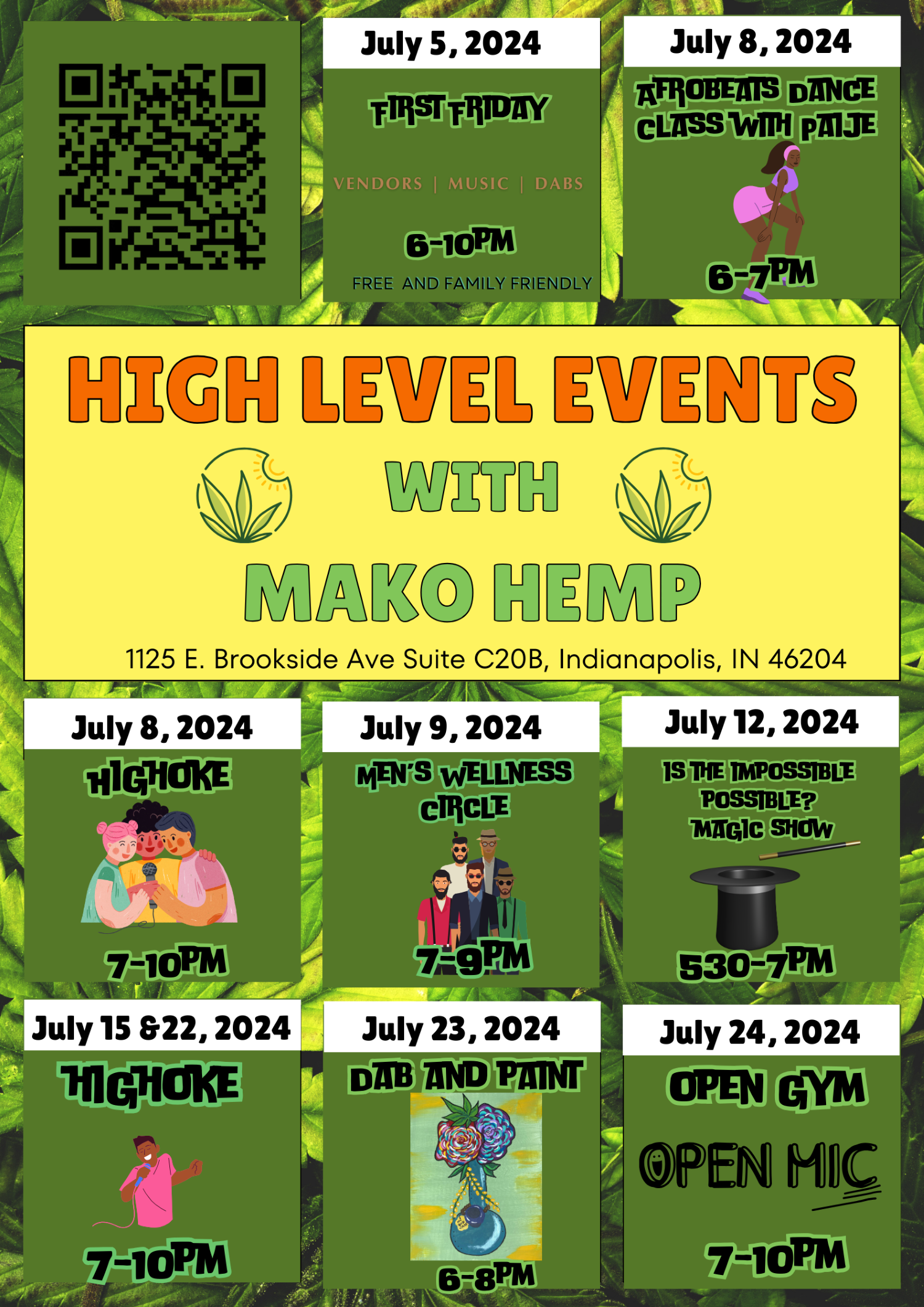 July Calendar for events at the Dab Bar by Mako Hemp